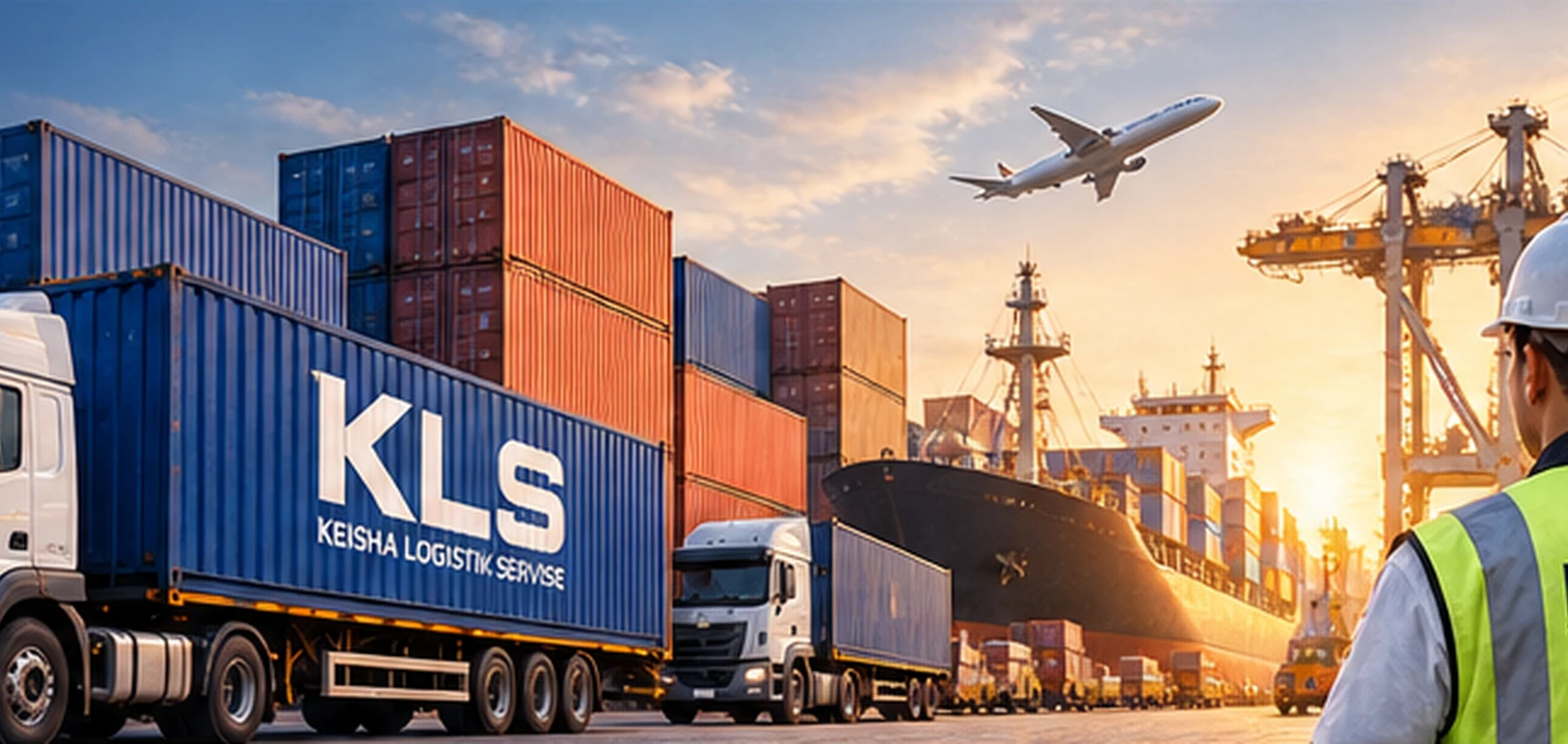 Ilustrasi AI operasional logistik, pelabuhan, transportasi dan security KLS